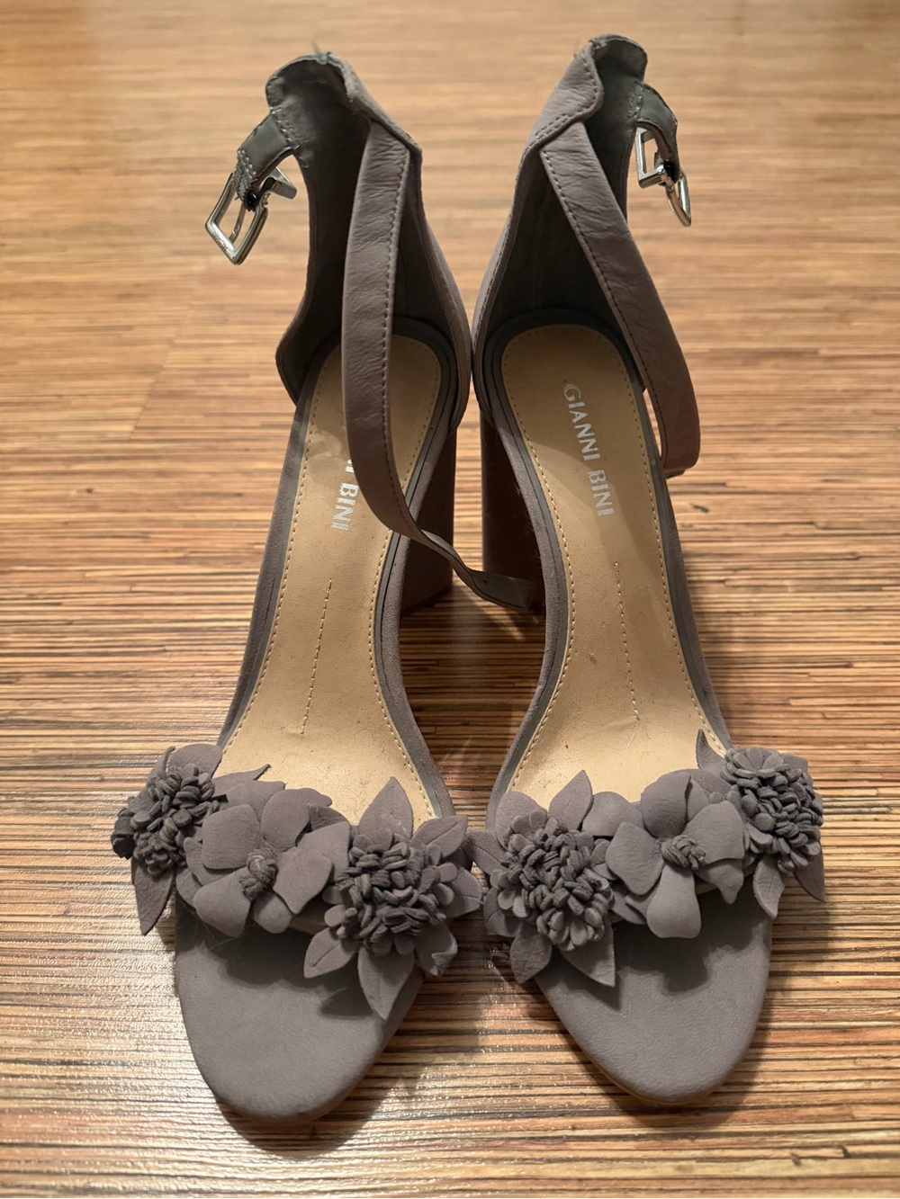 Gianni Bini Gray Floral Ankle-Strap Heels